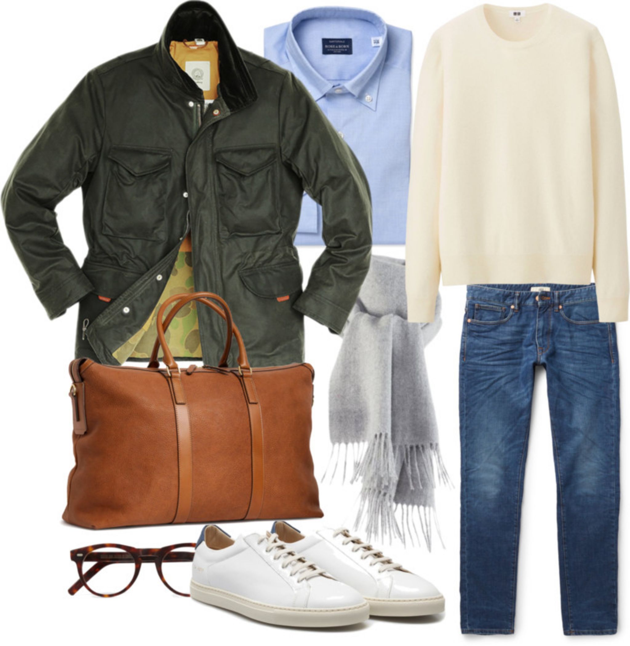 Outfit for casual weekend - cashmere knitwear with denim and field jacket