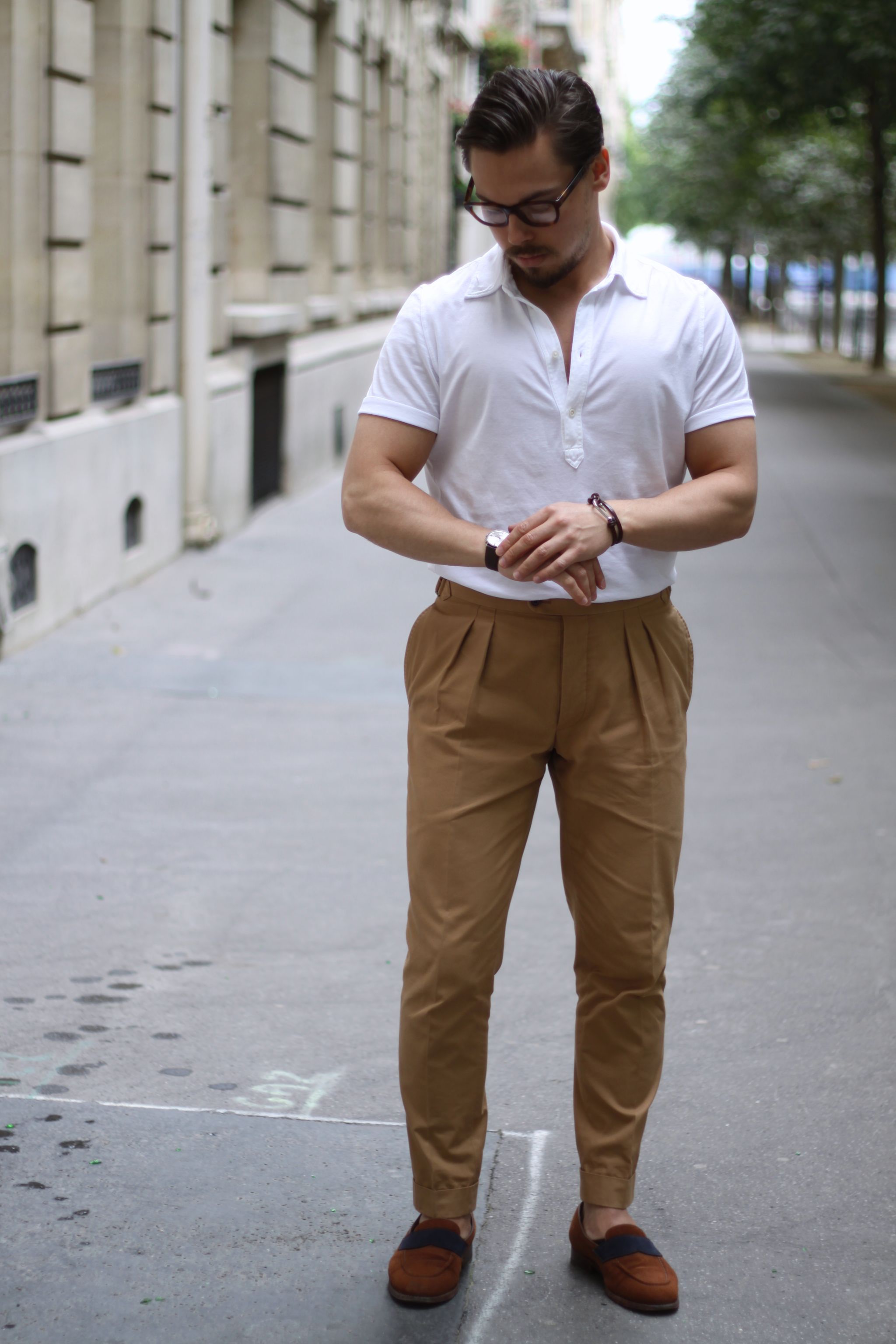 White Berg&Berg polo shirt with Sauma mtm trousers and suede loafers