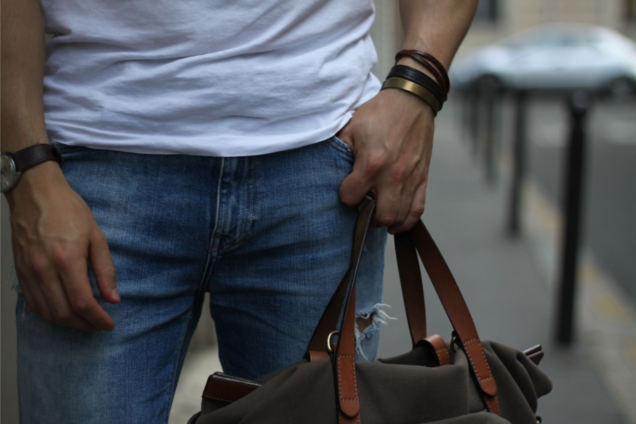 white t-shirt with jeans details