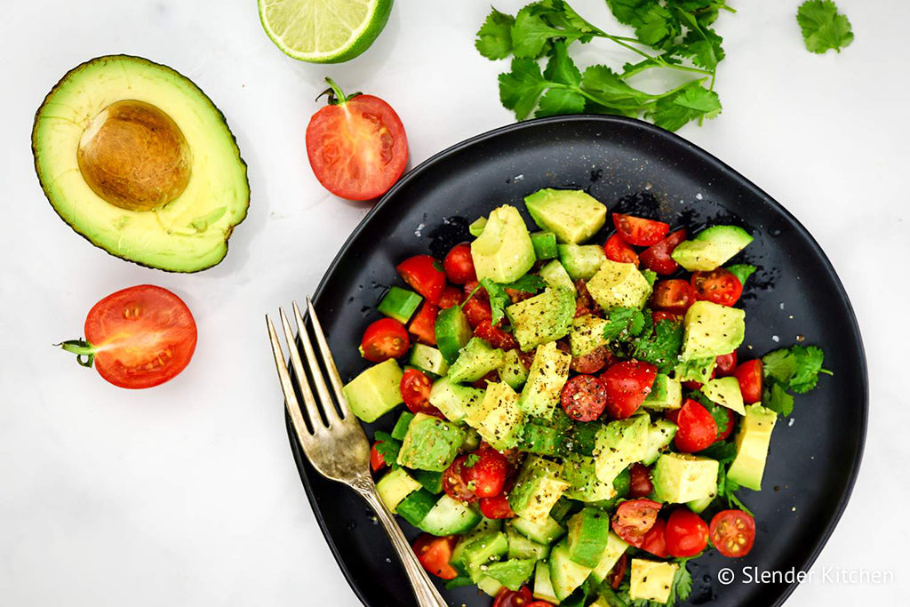 100-calorie meals: tomato, avocado, cucumber salad