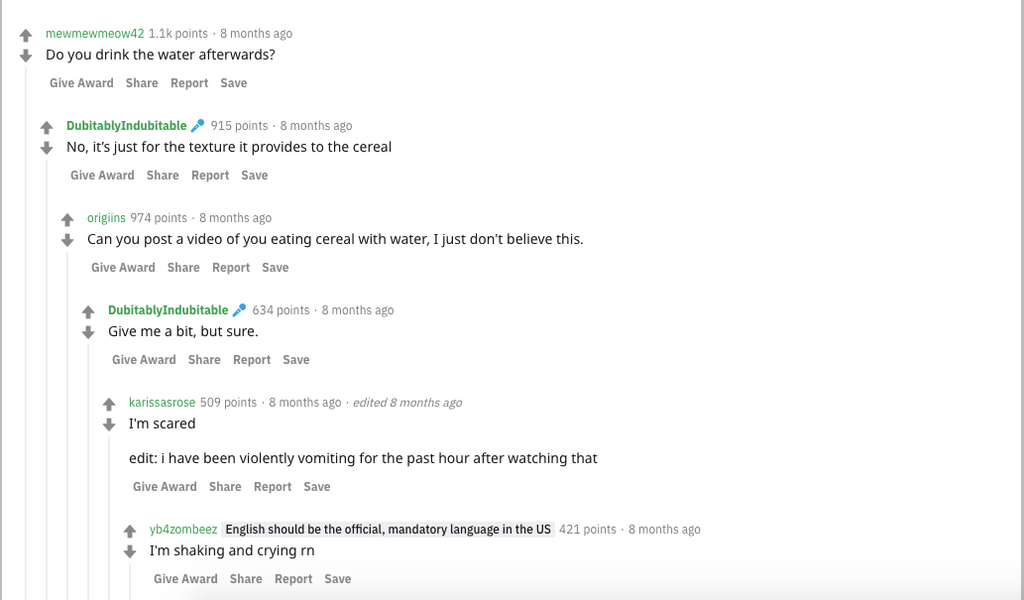 Cereal With Water: Reddit comments