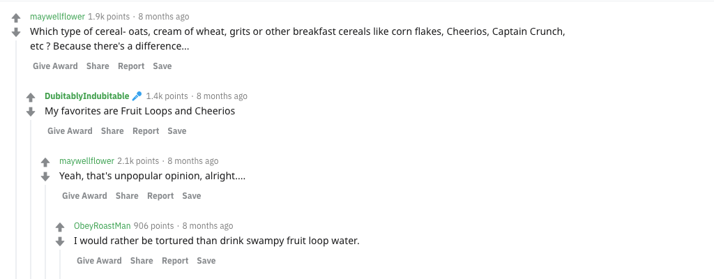Reddit comments on cereal water