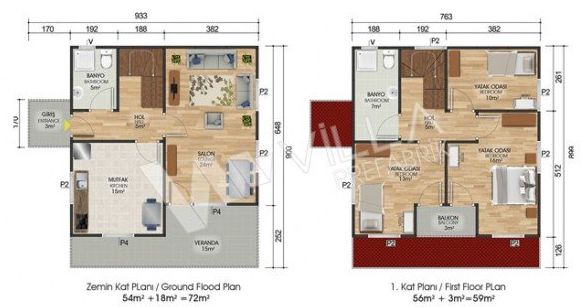 131 metrekare çift katlı prefabrik ev planı