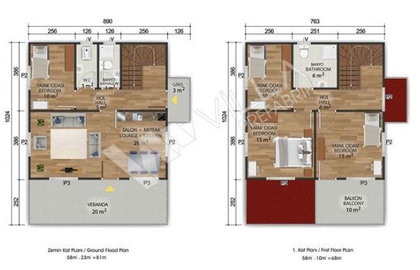 149 metrekare çift katlı prefabrik ev planı