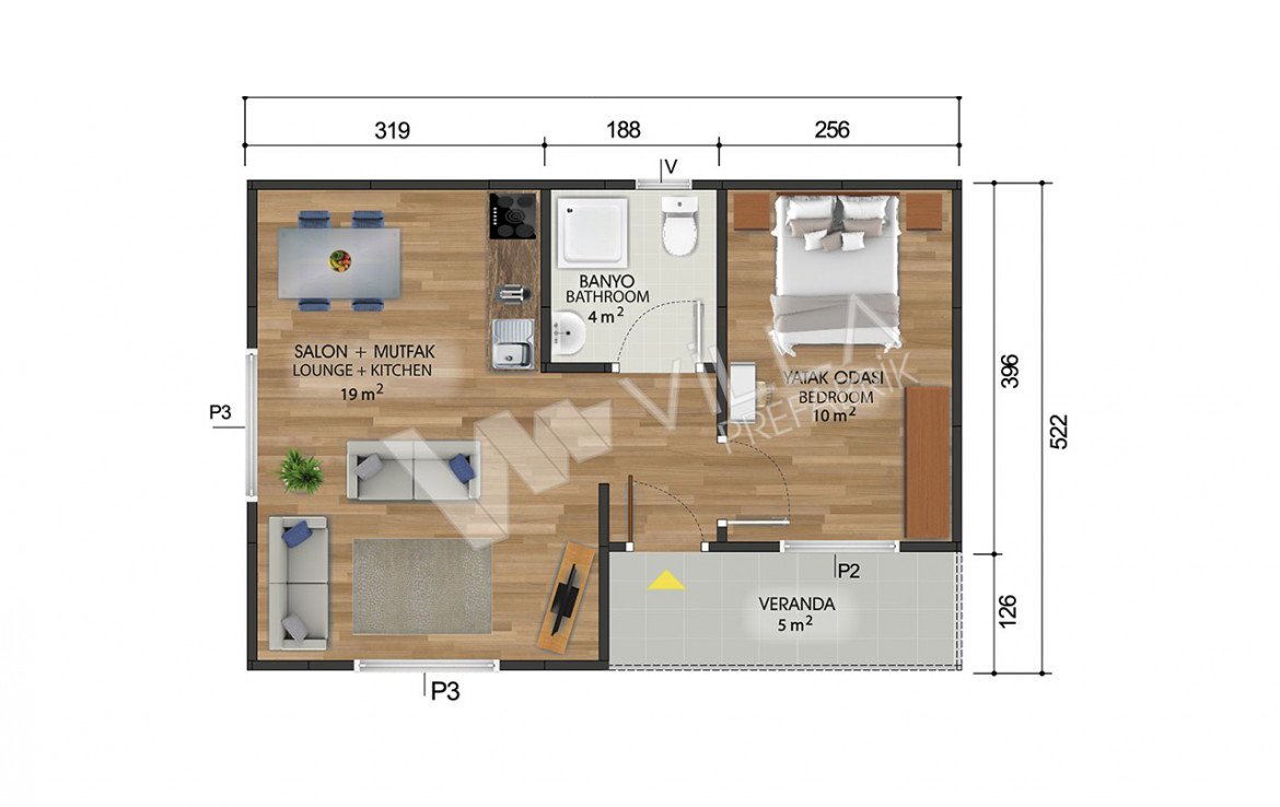 40m2 tek katlı prefabrik ev planı