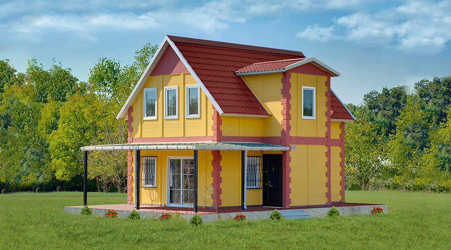 verandalı, dış cephesi sarı renk olan iki katlı prefabrik ev