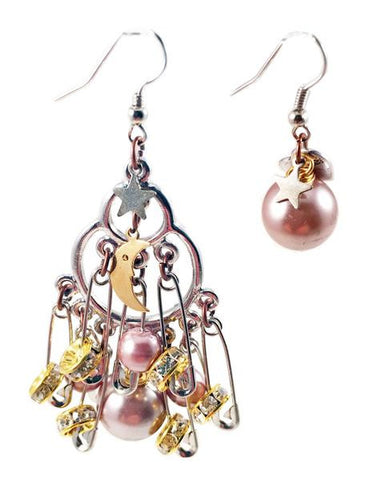 Silver safety pins, crystals and pearls cluster earrings. Perfect for parties, spring, summer time and gift for her.