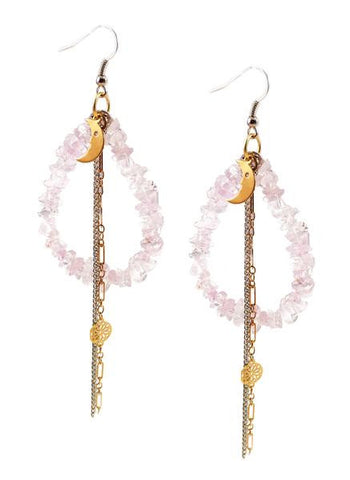 Rose quarz drop earrings with moon charm. Perfect for parties, summer time and gift for her.