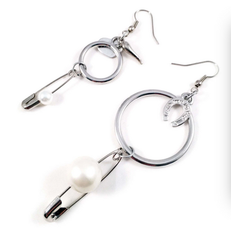 Safety Pin and Pearl Earrings, White Pearl Earrings, Mix and Matched Earrings