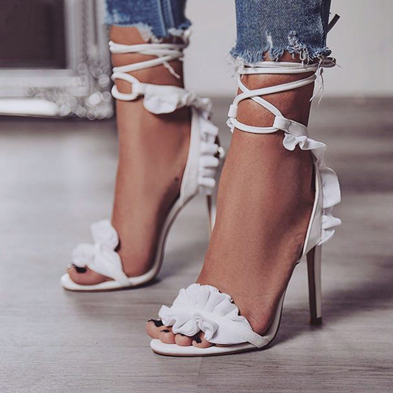 White Lace Up Floral High Heels 