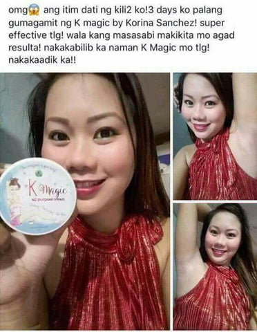 OMG. Ang itim dati ng kili kili ko! 3 days ko palang gumagamit ng K Magic by Korina Sanchez! Super effective talaga! Wala kang masasabi makikita mo agad resulta! nakakabilib ka naman talaga K Magic mo talaga! Nakaka adik ka!"