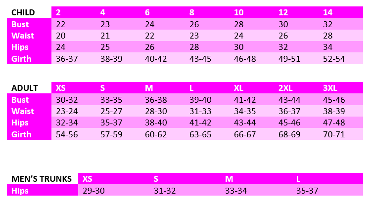 K-Lee Designs sizing guide to compare measurements with K-Lee Designs sizes for kids and adults