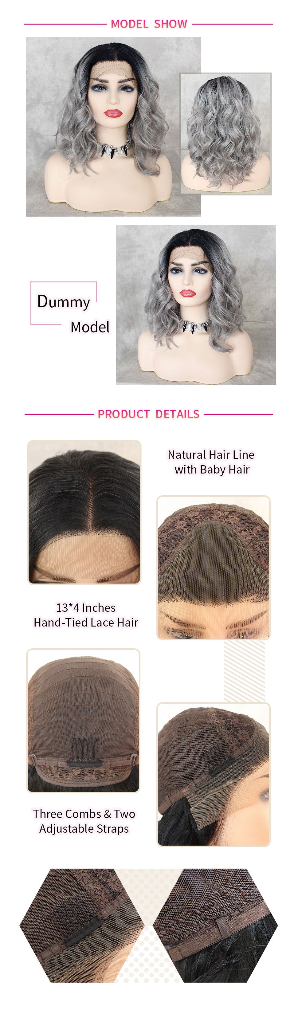 ReadyWig Grey Wavy Short Hair Dark Roots Synthetic Lace Front Wig 16 Inches hair details