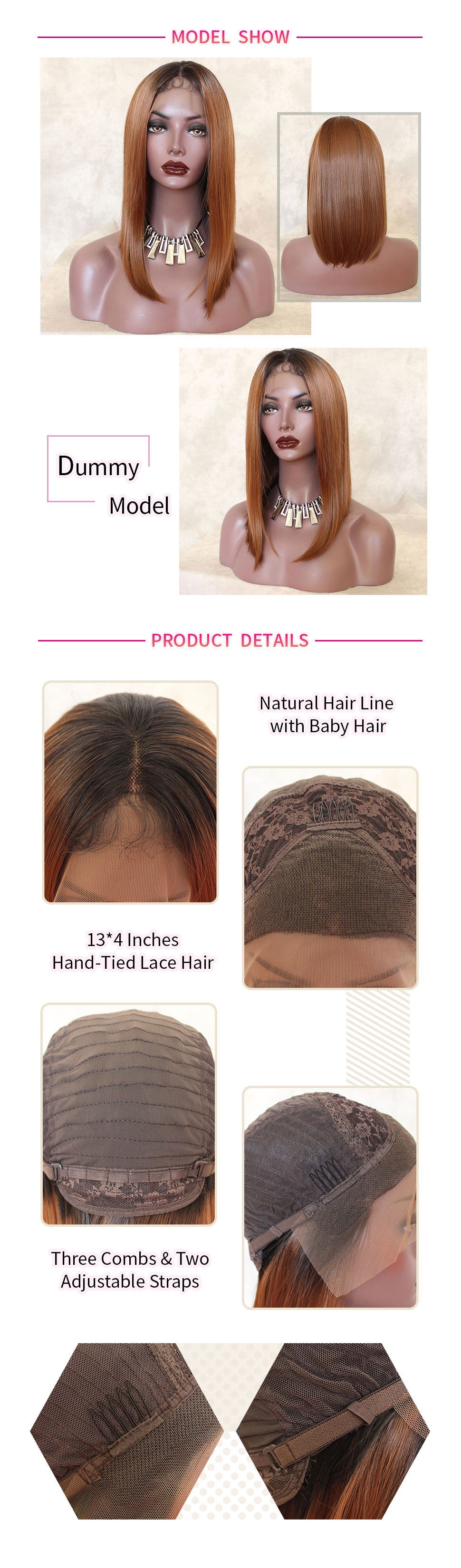 ReadyWig Brown Short Dark Roots Short Hair Synthetic Lace Front Wig 16 Inches-hair details
