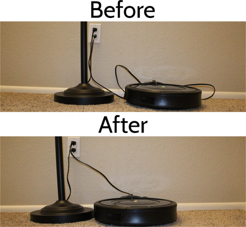 Cable behind a charger station for a robot vacuum organized with the NG Sensible Solutions Circle Tie System