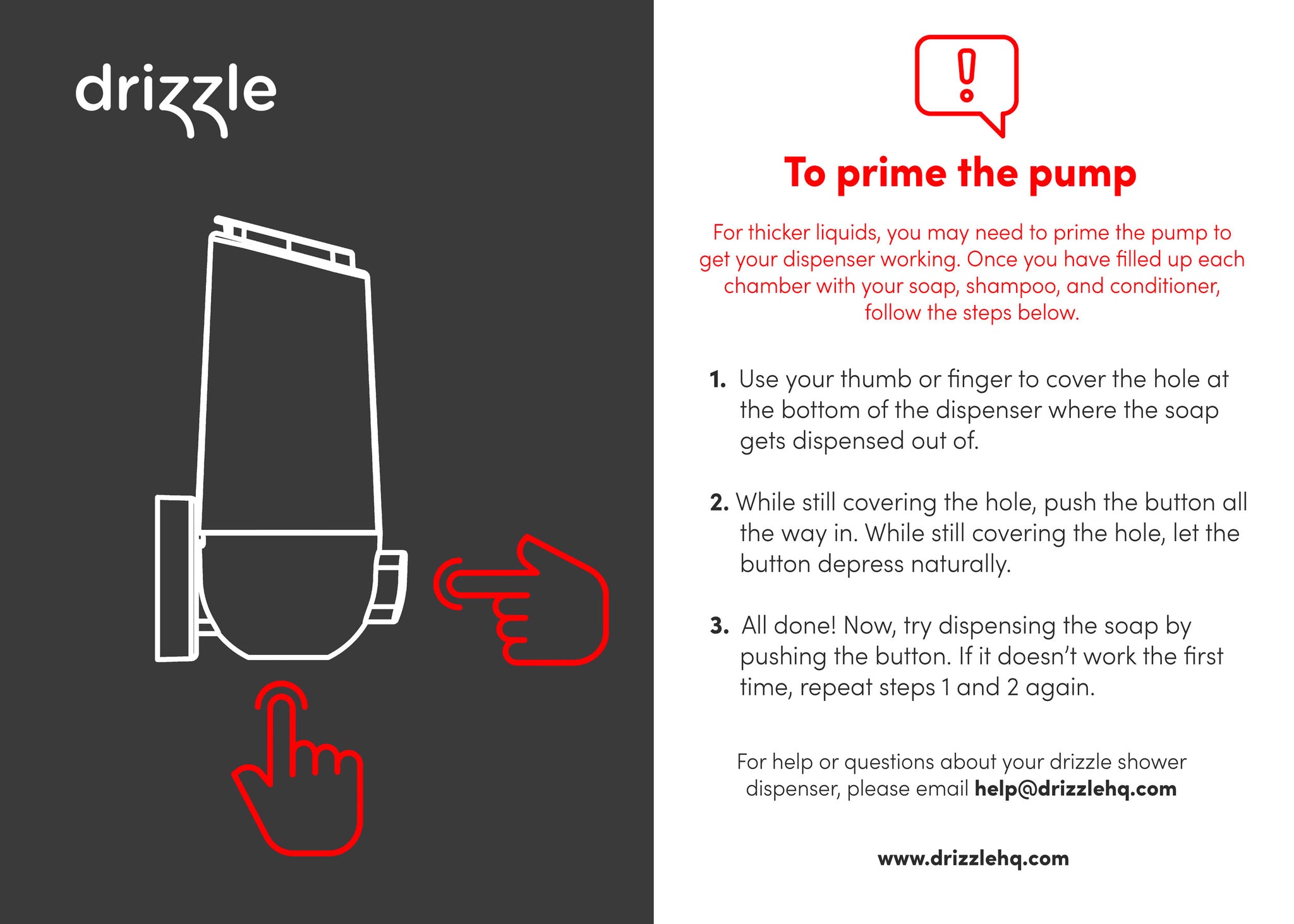 how to prime drizzle shower dispenser pump instructions