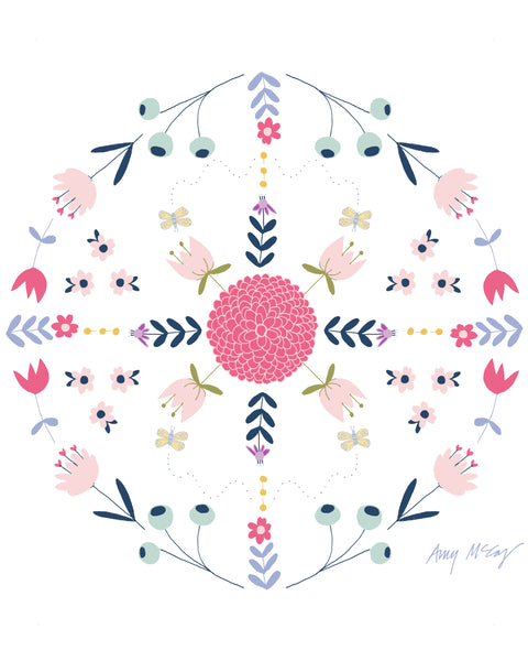 pink and blue folk floral design by Amy McCoy