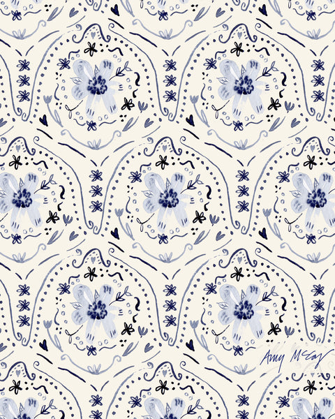 hand painted blue and white fish scale pattern with floral motif by Amy McCoy