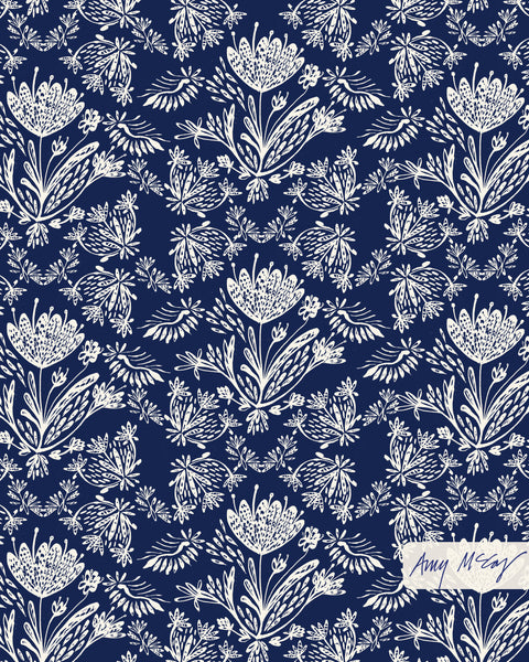 blue and white floral pen and ink pattern by Amy McCoy