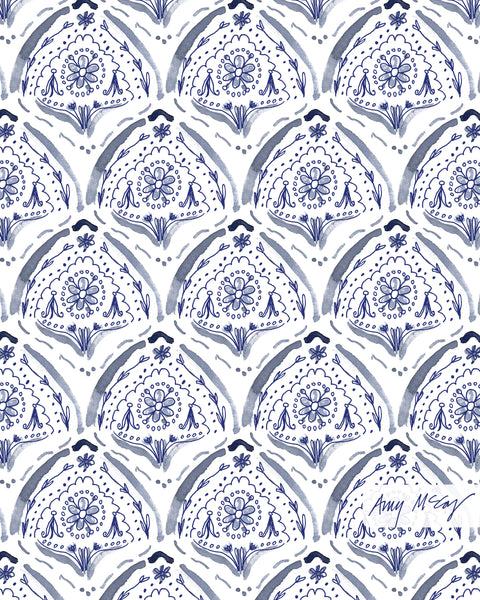 hand drawn and painted blue and white fish scale pattern sketch by Amy McCoy