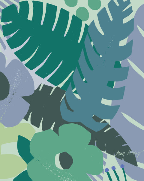 cut paper tropical leaf and flower pattern in cool blues and greens by Amy McCoy