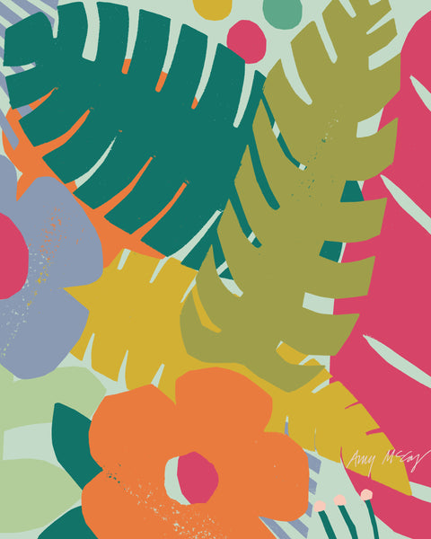 cut paper brightly colored tropical leaf and flower pattern by Amy McCoy