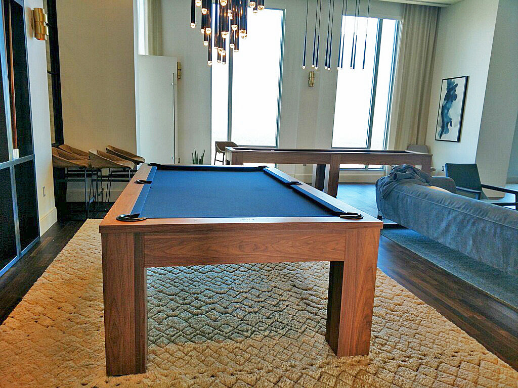 Olhausen Madison pool table end view solid walnut black cloth