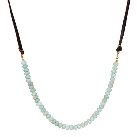 Beaded Rondel Leather Necklace/Choker - Amazonite