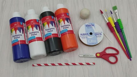 Craft Supplies - Tempera Paint, Scissors, Ribbon, Paintbrushes, and Clay