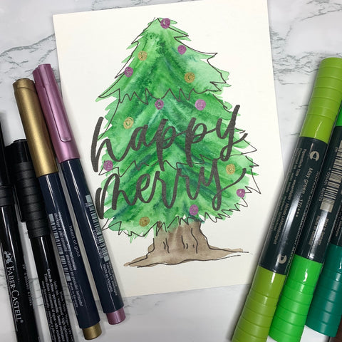 Watercolor Christmas Tree with Pitt Artist Pens, Metallic Markers, and Alrecht Dürer Watercolor Markers