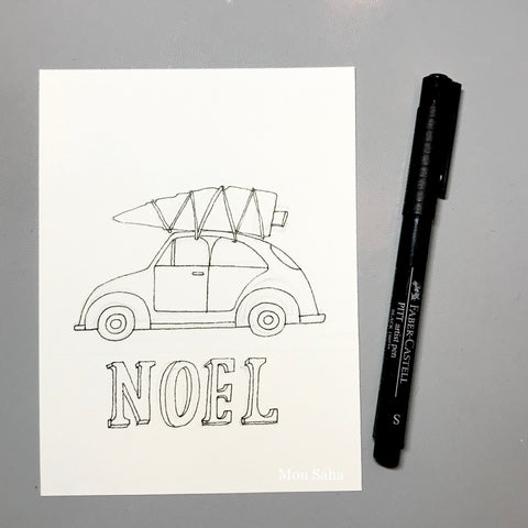 Noel DIY Christmas Card with Car and Tree Traced with Pitt Artist Pen