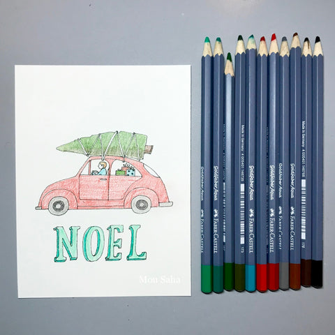 Noel DIY Christmas Card with Car and Christmas Tree Drawn with Goldfaber Aqua Watercolor Pencils