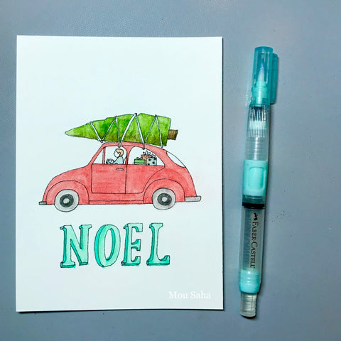 Noel DIY Christmas Card with Car, Christmas Tree, and Water Brush