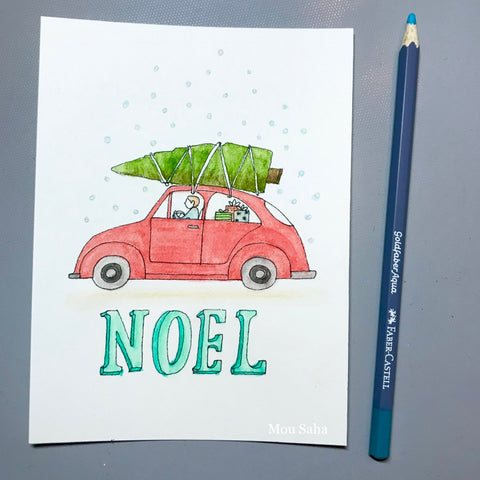 Noel DIY Christmas Card with Car, Christmas Tree, and Goldfaber Aqua Watercolor Pencil