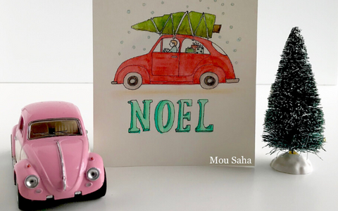 DIY Christmas card with car and tree