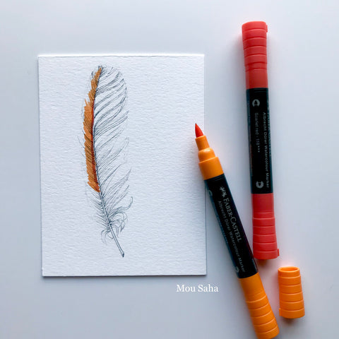 Feather Sketch and Albrecht Dürer Watercolor Markers - Orange and Red