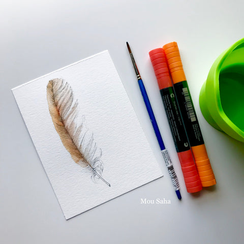 Feather Sketch with Albrecht Dürer Watercolor Markers - Orange and Red