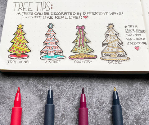 Christmas Bullet Journaling Tree Tips with Pitt Artist Pens and Metallic Markers