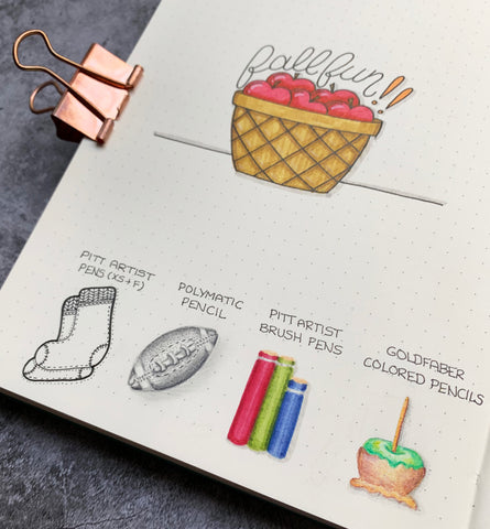 Fall Doodles Including Basket of Apples, Football, Socks, Books, and Caramel Apple