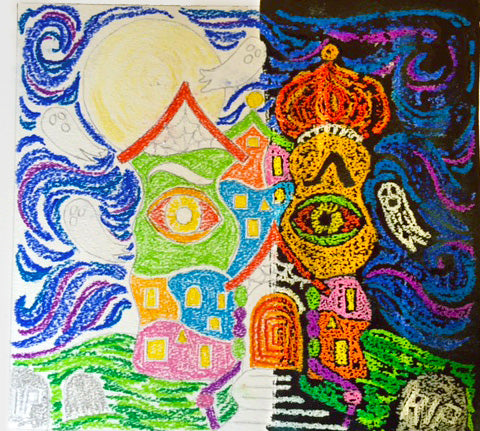 Colored Hundertwasser Haunted House with Black Watercolor