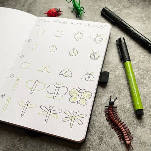 Bullet Journal with bug doodles and Pitt Artist Pens