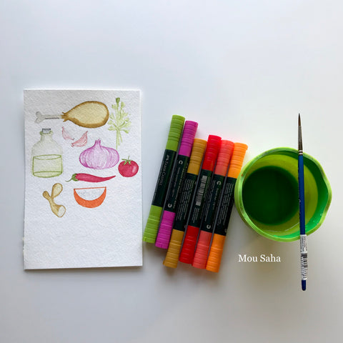 Recipe Sketches with Albrecht Durer Watercolor Markers and Water Cup