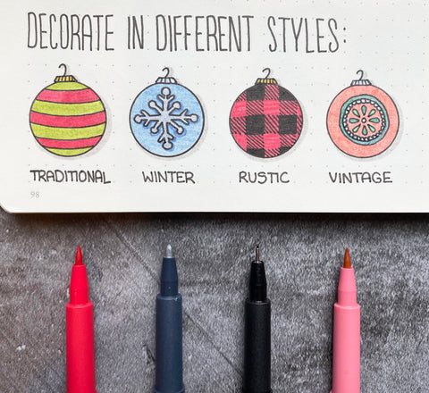 Decorate in different styles: traditional, winter, rustic, vintage on Bullet Journal with Pitt Artist Pens and Metallic Marker