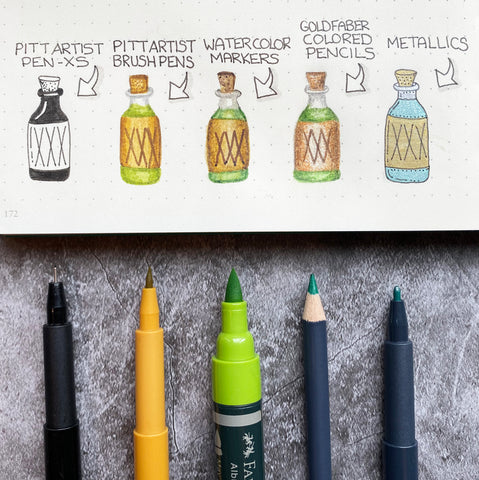 Scary Potion Doodles with Pitt Artist Pens, an Albrecht Durer Watercolor Marker, and a Goldfaber Pencil