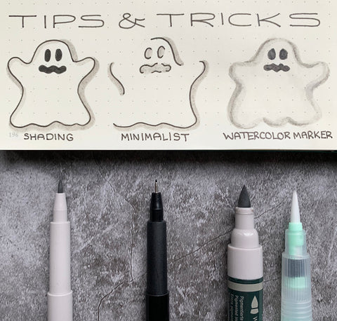 Ghost Doodles with Pitt Artist Pens, Watercolor Marker, and Water Brush