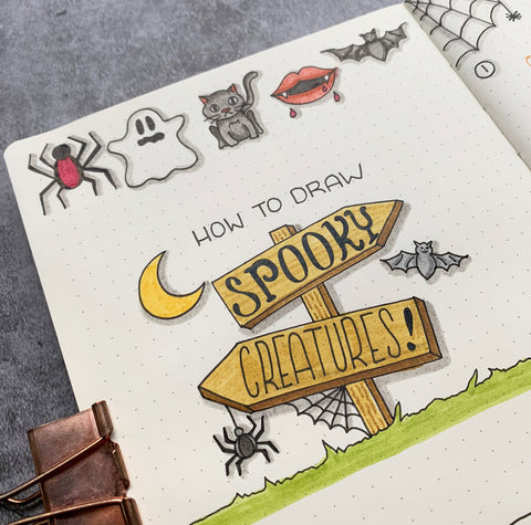 Spooky Creatures Doodles Including Spiders, Ghost, Moon, Cat, and Bats