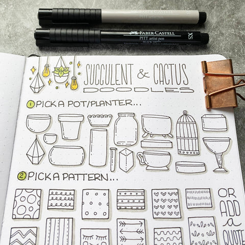 Bullet Journal with succulent and cactus doodles and Pitt Artist Pens
