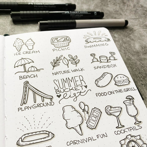 Bullet Journal with summer bucket list doodles and Pitt Artist Pens
