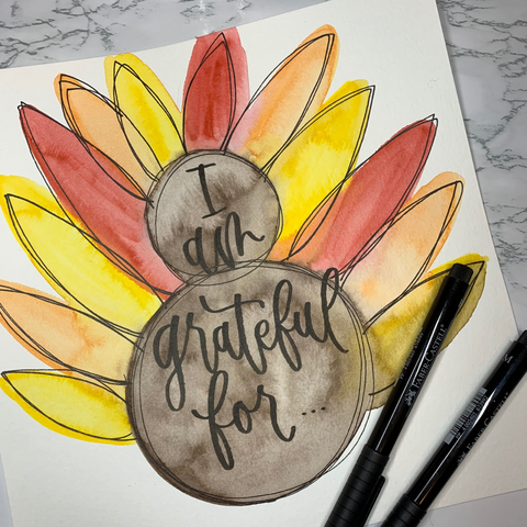 Watercolor Turkey with Thanksgiving Hand Lettering and Pitt Artist Pens