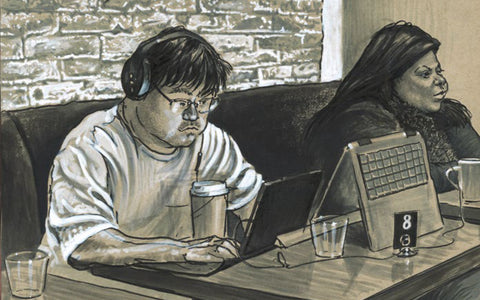 Drawing of man on laptop with highlights on him